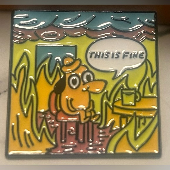 Meme “This is Fine” Office on Fire with Dog Enamel Pin - Picture 2 of 4